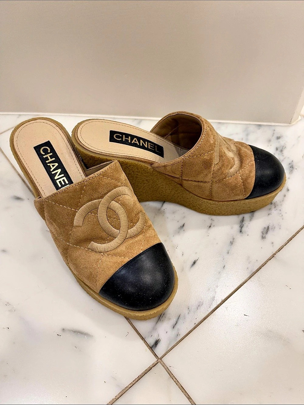Chanel Quilted Suede CC Wedge Mules Brown & Black & Tan size 38
